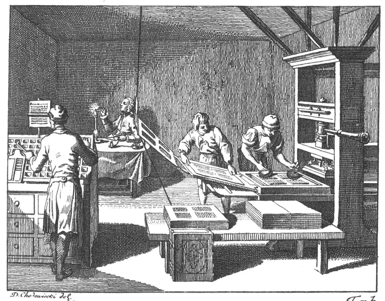 A drawing of printing press workersBy Daniel Nikolaus Chodowiecki. Wikipedia, public domain